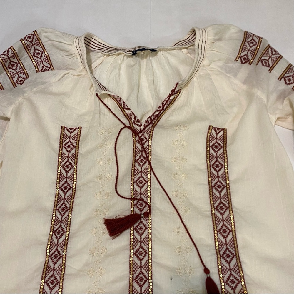 28. ⭐️American Eagle Outfitters Boho Cream Tie Front Blouse with Bib Collar - Picture 4 of 7